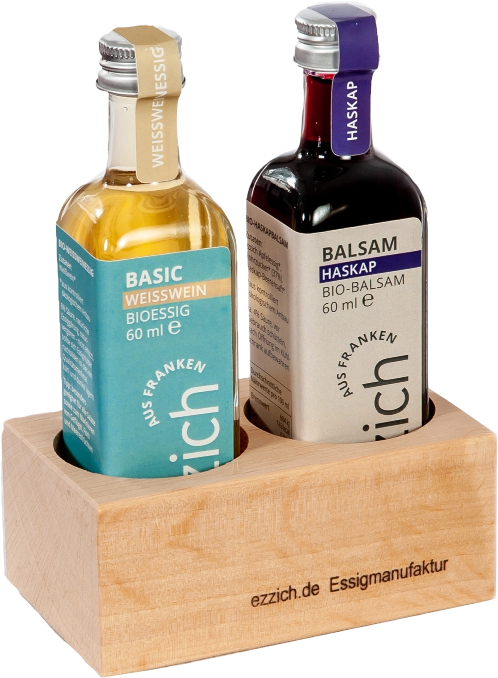 Bio Weißweinessig + Bio Haskap Balsam im Holzblock